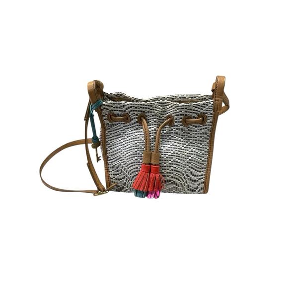 Fossil Claire Small Drawstring Bag Beige/Brown Woven W/Leather Trim Tassel 9x9 - Picture 1 of 14